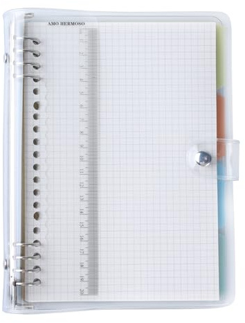 AMO HERMOSO A5 spiralblock rutat med 4 flikskiljeblad – anteckningsbok 120 sidor, collegeblock med utbytbart papper och transparent kuvert – skrivblock för skola, kontor och studier