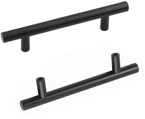 2 Pcs Black Kitchen Cupboard Handles – 96mm Hole Centre T Bar Kitchen Door Handles – Brushed Stainless Steel Cabinet Handle for Cupboards Drawers Wardrobes