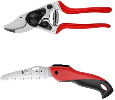 Set med kompakt trädgårdssax FELCO 14 och fällsåg FELCO 601, oumbärliga verktyg för trädgårdsarbete och exakt skärning