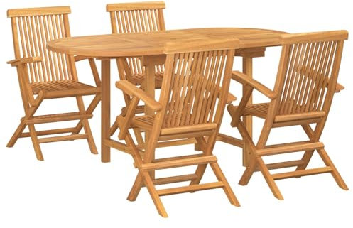 Set da Pranzo all'aperto in Legno di Teak 4 Posti Tavolo Ovale Con Braccioli Robusto ed Elegante per Giardino Patio Protetto UV Finitura Liscia Sedia da Pranzo Sedie Bistro Estensibili in Legno