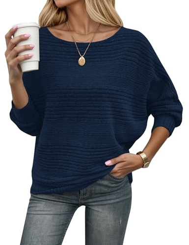 WNEEDU Women's Jumpers Knit Batwing Lightweight Ladies Cozy Fall Sweater | Long sleeve autumn winter tops, boat neck, off the shoulder, casual elegant striped pullover