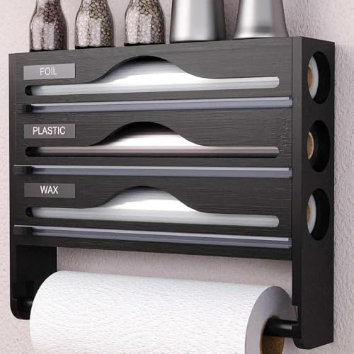 HFSAZJ 5 in 1 Foil Dispenser and Cutter, Foil Films Dispenser and Cutters, Wall-Mount Wood Foil & Cling Dispenser for Foil and Plastic (Black 1pcs)