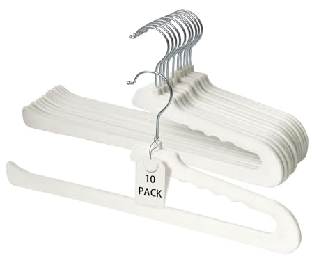 ManGotree Non Slip Velvet Trouser Hangers Felt Jean Hangers 10 Pack Ivory | Space Saving Open Ended Pants Hangers for Closet Organizer, Heavy Duty Clothes Hangers for Shorts, Dress, Tank Top, Scarf