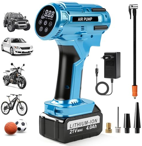 Compresor Aire Portatil Coche Bicicleta, 150PSI Inflador Ruedas Coche Bateria Recargable 4000mAh 21V, Inflador Neumáticos Electrico Bomba Inalámbrica Con LED Para Coche, Moto, Bicicleta, Pelota