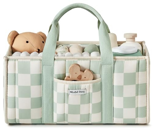 Blissful Diary Panier Rangement Bébé, Organiseur de couches pour Table à Langer, panier de rangement pour couches et lingettes pour bébé, cadeau pour fête prénatale, Vert à carreaux