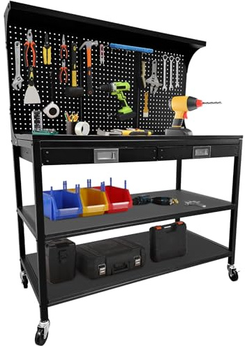 Heavy Duty 48 x 22 Rolling Garage Workbench, 3-Tier Metal Tool Storage, 2 Drawers, Pegboard, Wooden Top, 35 Hooks, Open Shelves, Mobile Multifunctional Work Table for Garage Workshop, Office