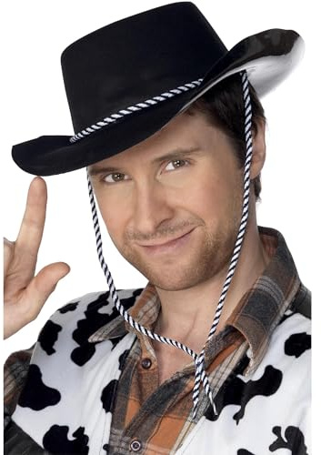 Smiffys Chapeau de cowboy, plastique floqué, noir, avec corde Halloween
