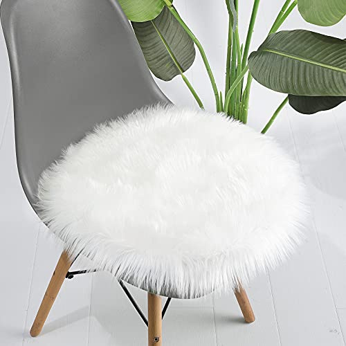 LOCHAS Super Soft Round Seat Cushion Faux Fur Sheepskin Chair Cover Pad Plush Rugs for Living Bedroom Sofa Couch, 18''x18'' White