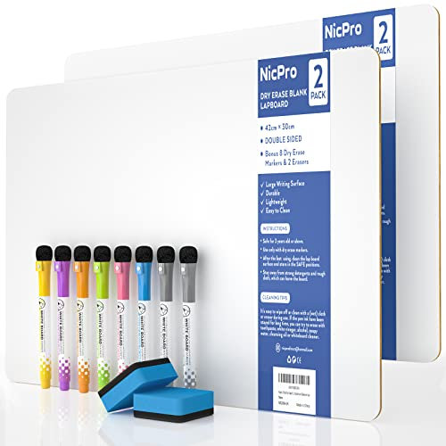Nicpro 2 Stück Whiteboard Klein A3, Doppelseitiges Desktop Schreibtafel mit 8 Bunte Stifte, Schwamm, tragbares Mini Whiteboard für Schüler, Klassenzimmer, Schulmaterial, Lernen (30 x 42 cm)