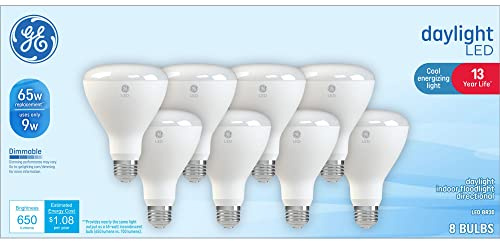GE Daylight LED Floodlight Bulbs, 9 Watt (65 Watt Equivalent) Cool Energizing Light, Medium Base, Indoor, Dimmable (8 Pack)