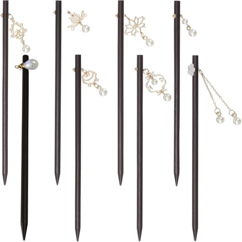 PandaHall - Palillo de pelo retro, 8 estilos de horquillas de madera chinas con cuentas de perlas, tenedor de pelo largo simple, soporte decorativo para moño para mujer, accesorios para el cabello, 8
