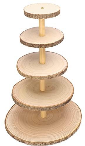 Ayfjovs 5 Tiered Rustic Cupcake Stand - Detachable Wood Slices Round Cake Tower Holder for Party and Wedding Decoration