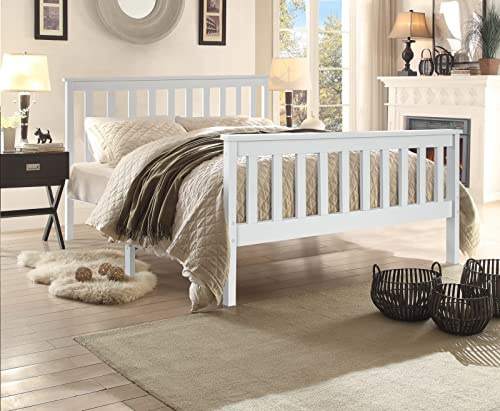 XEO HOME White 3ft Single Wooden Bed Frame Solid Pine Wood Furniture Shaker Stylish Finished Headboard High Foot End Adults Kids Teenagers 98X198X82cm (3ft-Single-Bed-Frame-Only)