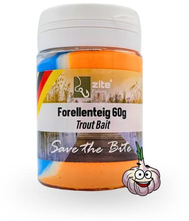 Zite Fishing Forellenteig mit Knoblauch-Aroma 60g – Fängige Forellenpaste Schwimmend als Forellenköder – Trout Bait Teigköder in knalligen UV-Neonfarben mit Glitter (Regenbogen Orange)