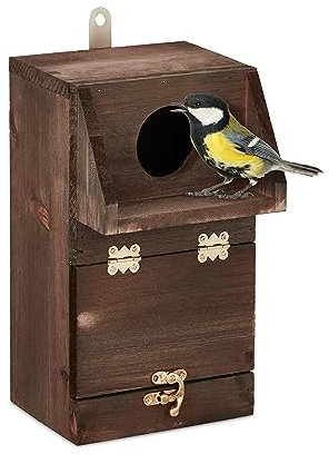 Relaxdays Nistkasten für Kohlmeise & Gartenrotschwanz, mit Reinigungsklappe, Holz, Vogelnistkasten zum Aufhängen, braun