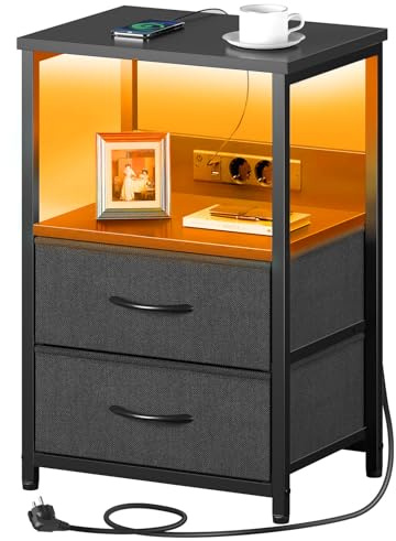 Seventable LED Bedside Table with Charging Station & 2 Storage Drawers - Small Nightstand with Double Plug Adaptor UK & 2 USB - Slim Bedside Cabinet for Bedroom Living Room Sofa Couch (1, Black)