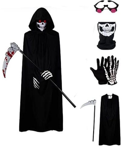 Niceyoeuk Cape d'Halloween Costume de Cosplay pour Femmes Hommes Enfants Mort Faucheuse Robe d'Horreur avec Lunettes aux Yeux Rouges Lumineux, Faux, Masque, Gants (Noir Adultes, 5Pcs)