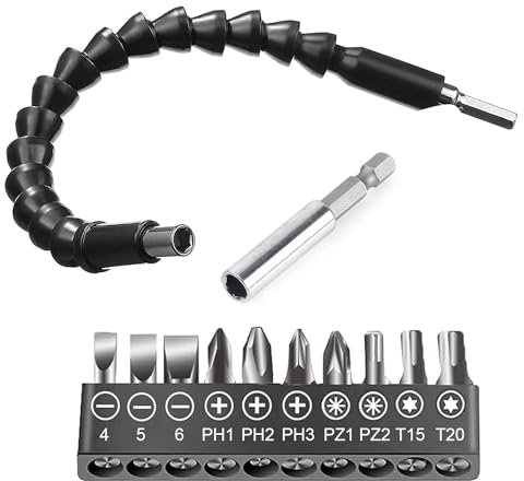 Kit de Extensión de Broca Flexible de 360º, Adaptador de Destornillador, Incluye 1x Extensión Flexible, 10x Puntas de Destornillador y 1x Extension para Broca (Negro)