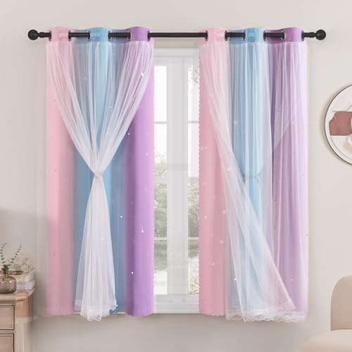 XiDi Cortinas Opacas - Cortinas Recortadas de Estrellas para Dormitorio Cuarto de Baño Sala de Estar Cortinas Arcoíris con Ojal para Ventanas, 2 Paneles 86×160 cm