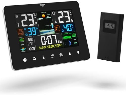 OFFCUP Estación Meteorológica Inalámbrica, Estacion Meteorologica Interior Exteriorcon con Sensor, Pantalla a Color Retroiluminación LED Digital Termómetro Higrómetro Barómetro Pronóstico del Tiempo