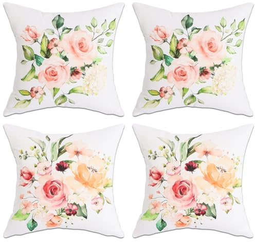 Betadistor Cushion Covers 45 x 45 cm Double Sided Square Pillow Covers with Invisible Zipper Floral Printed Decorative Throw Pillow Covers for Sofa Patio Garden Decor Set of 4, Flowers, 504-0080