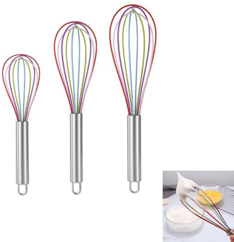 3 Pcs Silicone Whisk Set, Rainbow Whisk Non Stick Hand Whisk Mini Whisk Kitchen Whisk Manual Egg Beater Silicone Balloon Whisk Small Plastic Whisk Egg Stirrer for Mixing Cooking Baking Hot Chocolate
