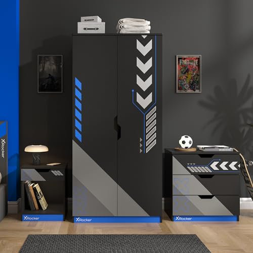 X-Rocker Octane 3 Piece Bedroom Furniture Set, Kids Bedroom Furniture Set, Racing Pattern, Soft Close Wardrobe, + 3 Storage Drawer Chest of Drawers, 1 Drawer Bedside Cabinet, BLACK & BLUE Set