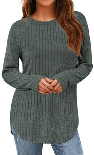 Sukiglam Jersey Mujer Básico Suéter de Punto Manga Larga con Cuello Redondo y Diseño Acanalado Casual Elegante Otoño Invierno Pullover Slim Fit Ligero Túnica de Corte Asimétrico para Leggings
