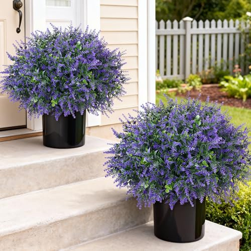 GLIDLION Set of 2 Artificial Eucalyptus Leaf & Lavender Topiary Trees for Front Door - UV Protection Faux Topiary Trees Fake Greenery Plant with Black Flowerpot for Farmhouse,Home,Outdoor Decor