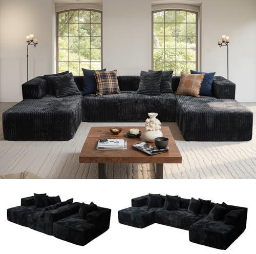 132'' U Shaped Sectional Couches for Living Room, Black Modular Boneless Cloud Sofa with 2 Chaise Lounges, 4-in-1 Flexible Combination Layered Foam Cushion Deep Seat Corner Couch, No Assembly