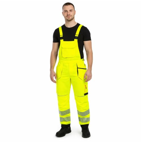 BWOLF Drift arbetsbyxor för män, hängselbyxor, herrarbetsbyxor med haklapp, multifunktionella fickor, ripstop-tyg med många fickor, Hv gul, 4XL