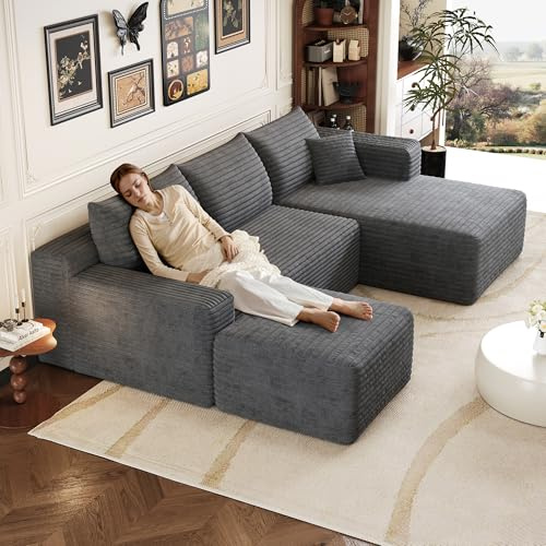 Sofá esquinero moderno de 241 cm con 1 taburetes, sofá de pana de 3 plazas con asiento profundo y ángulo integrado, sofá convertible modular, chaise longue orientada a la derecha, gris oscuro