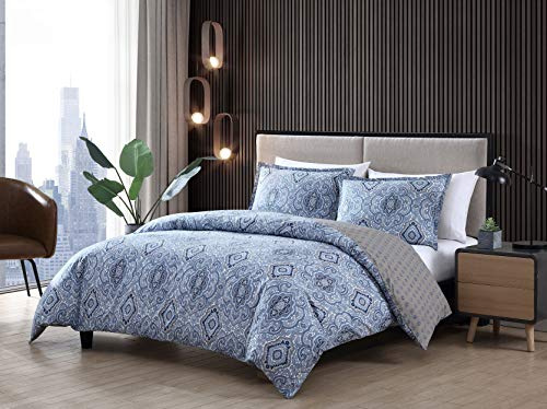 City Scene - Queen Duvet Cover Set, 100% Soft & Reversible Cotton Bedding for Year Round Comfort, 3 Piece Bed Set with Matching Pillowcases (Milan Blue)