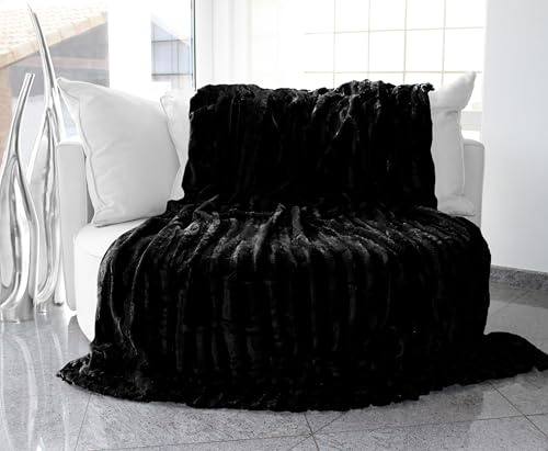 Brandsseller Kuscheldecke Fellimitat doppelseitig XXL 220x240 cm – Flauschige Kunstfelldecke Sofa & Bett, warme Luxus Wohndecke, weich & gemütlich - 100% Polyester, waschbar – Schwarz