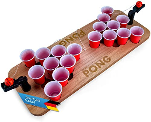 GOODS+GADGETS Mini Beer-Pong Spiel für Jede Party; Bier-Pong Spiel-Tisch mit Getränke Bechern für Shot-Pong Matches; Komplett-Set aus Holz; 60 x 22 x 8 cm