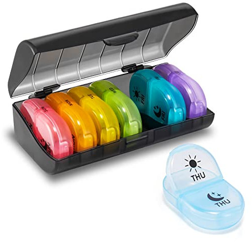 Fullicon Pill Box 2 Times A Day, Travel 7 Day, Weekly Medicine Organiser with Large Compartments to Hold Medication, Vitamin, Supplement, Tablet and Fish Oil Supplements (Rainbow)