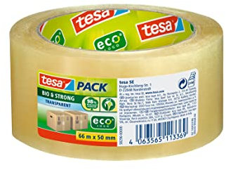 tesapack bio & strong - Stark haftendes Paketband aus 98% biobasiertem Material - Nachhaltig und recyclingfreundlich - Transparent - 66 m x 50 mm