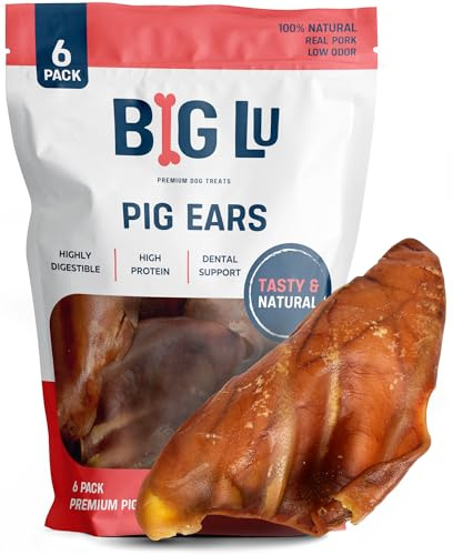 Big Lu – Whole Pig Ears for Dogs, 6 Count, All-Natural Single-Ingredient Pork Treats for Medium and Large Dogs, Easily Digestible, Supports Joint Health with Glucosamine and Chondroitin