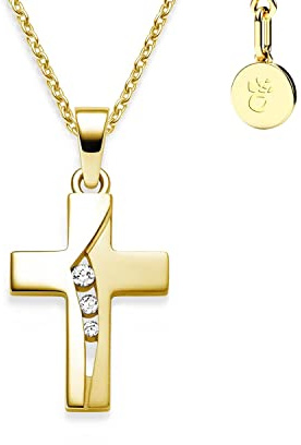 Kreuz Kette Mädchen Gelbgold (Silber 925 vergoldet) | Kreuzkette Kreuz-Anhänger Halskette mit Zirkonia | Kinder-Schmuck Erst-Kommunion Tauf-Geschenk Konfirmation Firmung Geburt Taufe Taufkette