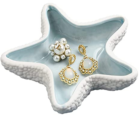 Linfye Starfish Jewelry Dish Tray - Ceramic Ring and Trinket Holder - Ocean Style Table Decoration for Earrings and Candy Storage