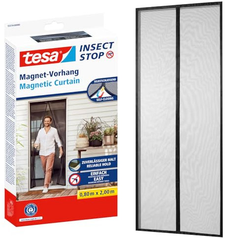 tesa Magnetvorhang selbstschließend - Insektenschutzvorhang mit Magneten für Balkon- und Terrassentüren - zur einfachen Montage ohne Bohren - 2,0 m x 0,8 m