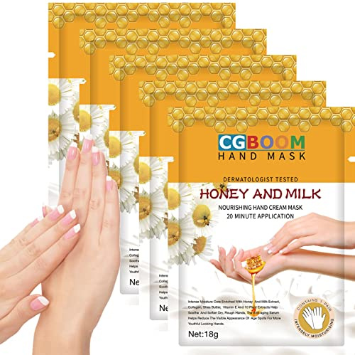 5 Pairs Hand Moisturizing Gloves Mask,Hand Skin Repair Renew Mask for Dry, Aging, Cracked Hands Intense Skin Nutrition Hand Cream Mask w/Collagen, Vitamins, Natural Plant Extracts (Honey and Milk)
