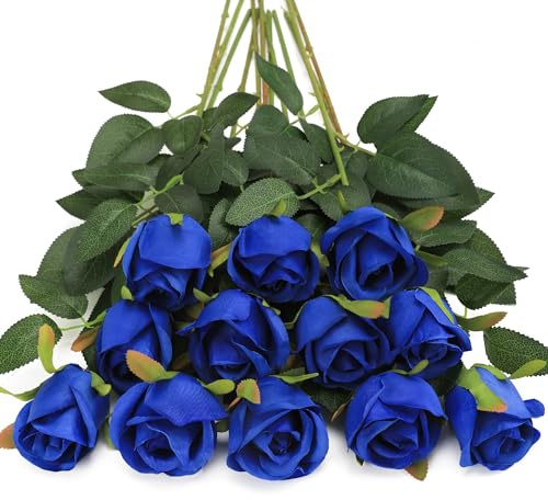 Tifuly 12Pcs Navy Blue Fake Silk Rose 20inch Artificial Roses with Stem | Faux Single Long Stem Roses Navy Blue Wedding Rose Flowers Arrangement for Party Holiday Festival Decoration Home Decor