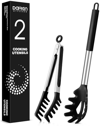 Cucchiaio per spaghetti e pinza per pasta, cucchiaio antiaderente in silicone con denti e manico in acciaio inox, pinza per spaghetti e spaghetti (nero)