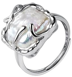 Anello Di Perle Barocche Da Donna In Argento Sterling 925 Anello In Argento Con Perline Irregolari Anello Di Nozze Aperto Regolabile Per Le Signore Compleanno Ragazza Regalo Di San Valentino, Metallo
