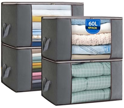 Boic 4 Pezzi Scatole Per Vestiti 60L, Scatole Per Armadio Salvaspazio, Contenitore Vestiti Pieghevoli Con Coperchio E Maniglia Contenitori Per Armadio Per Coperte, Biancheria Da Letto (Grigio)