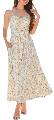 Annebouti Summer Spring Maxi Dress for Women 2026 Casual Trendy Open Back Ruched A-Line Sleeveless Spaghetti Strap Floral Beach Long Sundresses with Pockets Yellow Floral XL