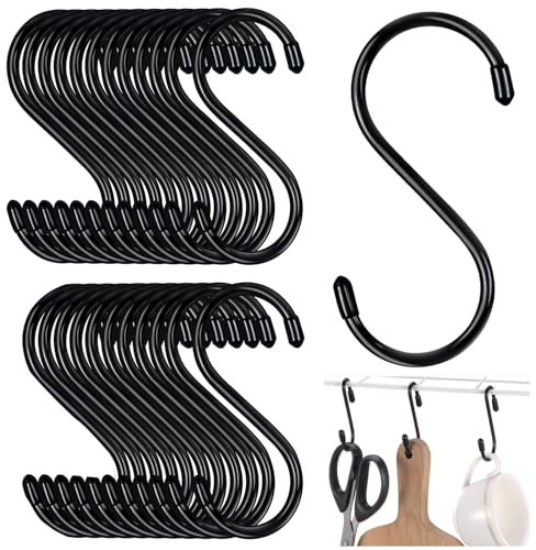 Ganchos en S, 24 Pcs Gancho en Forma de S, S Ganchos Cocina Acero Inoxidable Ganchos, Ganchos Cocina para Colgar, para Cocina, Baño, Oficina, Jardín o Actividades al aire Libre, Negro