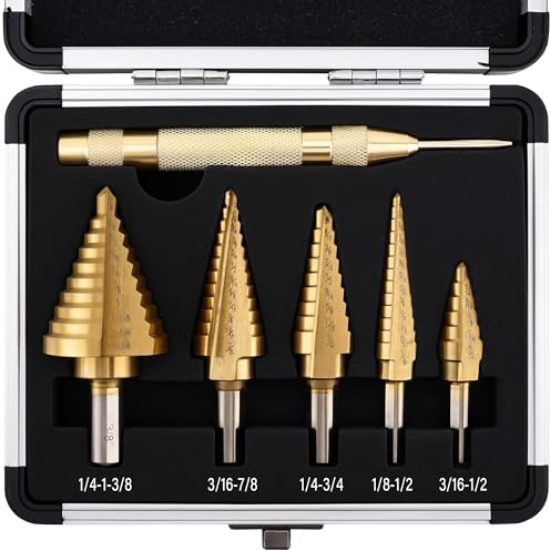 ZHUREKER Step Drill Bit Set, 6Pcs HSS Titanium Step Bits with Automatic Center Punch, 50 Sizes Step Drill Bit for Metal, Wood with Aluminum Case
