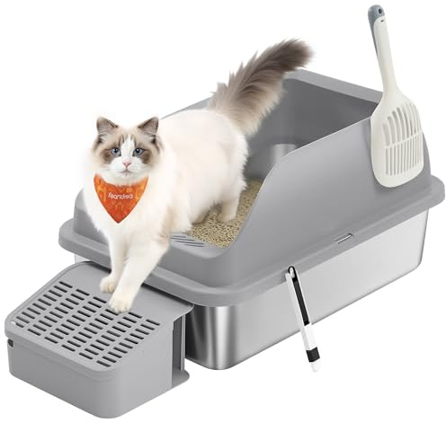 Feandrea Bac à Litière pour Chat, en Acier Inoxydable, à Bords Hauts, Dessus Ouvert, Marche, Pelle, Brosse, pour Chats Jusqu’à 15 kg, Gris Ardoise PPT008GN01